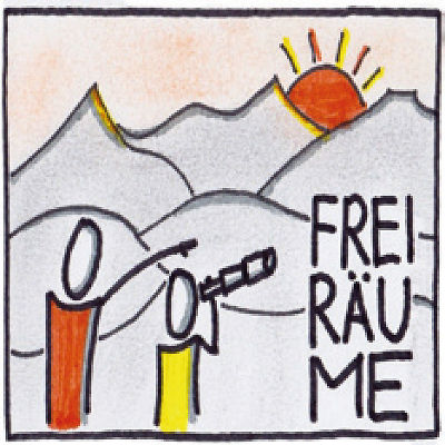 Logo: Berglandschaft mit Sonne über den Gipfeln. Im Vordergrund ezwei gezeichnete Menschen
