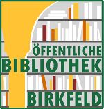 Grafik für eine öffentliche Bibliothek. Buntes Bücherregal und der Name des Ortes Birkfeld in grüner Schrift auf gelbem Grund.
