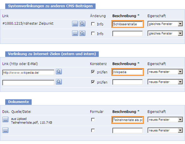 Screenshot: Verpflichtende Beschreibungstexte Screenshot: Verpflichtende Beschreibungstexte