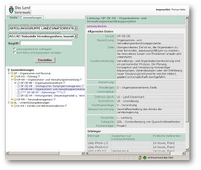 Bildschirmansicht der Intranet-Anwendung des Leistungskataloges. Alle Leistungen sind für jede(n) Mitarbeiter(in) einsehbar. © Land Steiermark Bildschirmansicht der Intranet-Anwendung des Leistungskataloges. Alle Leistungen sind für jede(n) Mitarbeiter(in) einsehbar. © Land Steiermark