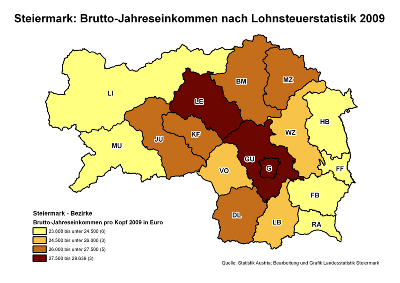 Steiermark: Brutto-Jahreseinkommen lt. Lohnsteuerstatistik 2009 © Landesstatistik Steiermark Steiermark: Brutto-Jahreseinkommen lt. Lohnsteuerstatistik 2009 © Landesstatistik Steiermark