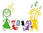 Zeichnung einer Kinder mit elektronischen Geräten in der Hand, daneben Eltern mit Fragezeichen. Zeichnung einer Kinder mit elektronischen Geräten in der Hand, daneben Eltern mit Fragezeichen.
