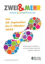 Folder-Deckblatt mit allen Informationen zur ZWEI & MEHR-Generationenwoche, wie unter www.generationen.steiermark.at zu finden. 