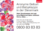 Erste Seite des Folders: Anonyme Geburt und Babyklappe in der Steiermark mit Hotline 0800838383