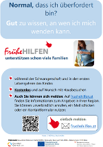 erste Seite des Flyers mit Fließtext: Normal, dass ich überfordert bin? Gut zu wissen, an wen ich mich wenden kann. 