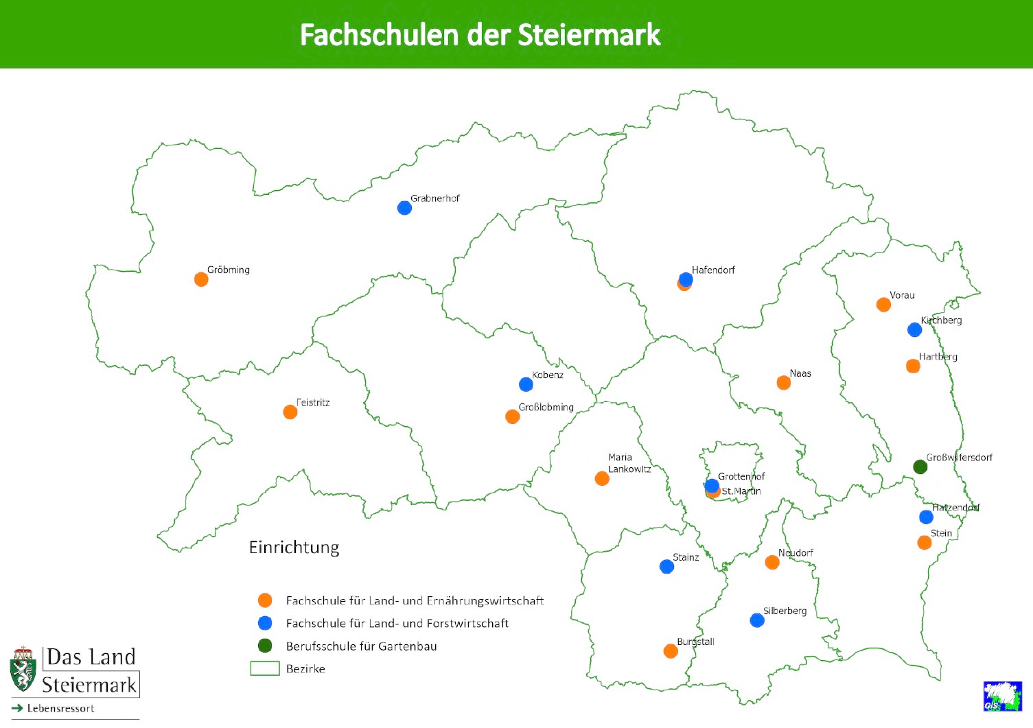 Steiermarkkarte mit Kennzeichnung aller Land-, Forst- und Ernährungswirtschaftlichen Fachschulen sowie der Berufsschule für Gartenbau