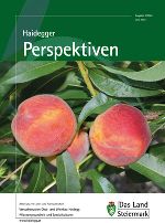 Abgebildet ist das Titelbild der Zeitschrift Haidegger Perspektiven. Man sieht darauf ein Bild von reifen Pfirsichen auf einem Ast. Im Hintergrund grüne Blätter und ein hellblauer Farbverlauf. Titel: Haidegger Perspektiven.