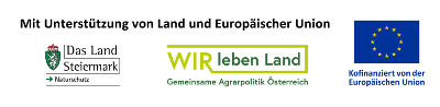 Logos der Steiermark, des Programms ‚Wir leben Land‘ und der EU, die eine gemeinsame Finanzierung darstellen.