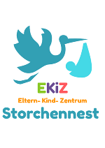 Logo in Form eines gezeichneten Storches, im Schnabel ein Tuch samt einem Baby und dem Schriftzug EKiZ Eltern- Kind- Zentrum Storchennest