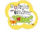 Illustration eines Wohnzimmers mit Sofa, Baby, Spielzeug und Dekoration mit dem Schriftzug FamilienWohnZimmer 