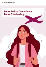 Illustration einer Person mit dunklem Haar und Rucksack, über der ein Flugzeug fliegt. Hinweis auf Rechte für junge Mädchen.