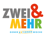 Logo 'ZWEI & MEHR' in den Farben Grau, Orange, Blau und Grün auf hellem Hintergrund. Darunter steht 'GENER AKTIONEN WOCHE'.