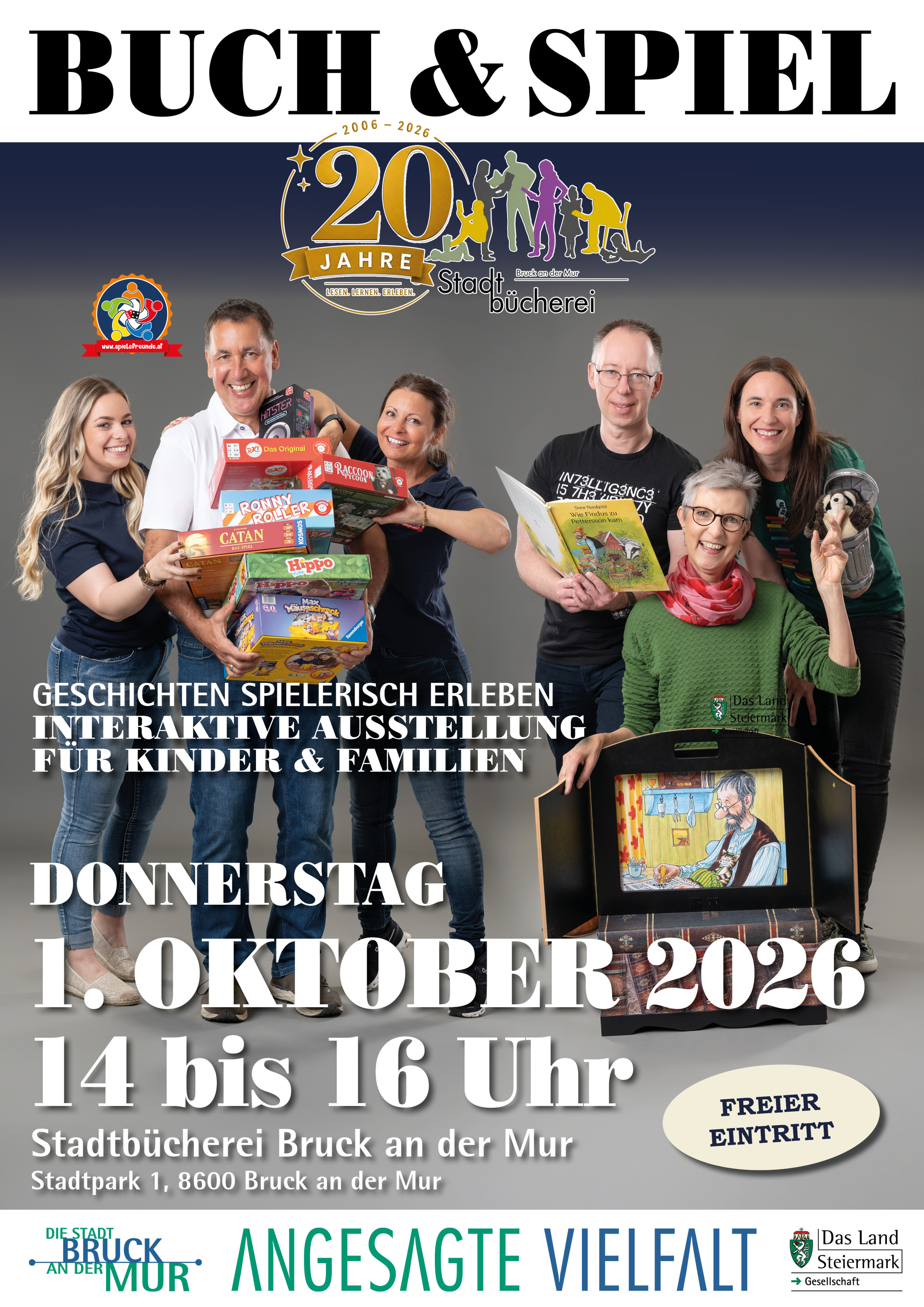 Eventplakat: Spieleausstellung für Kinder und Familien am 1. Oktober von 14-16 Uhr in der Bücherei Bruck an der Mur. Kostenloser Eintritt.