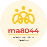 Kreisrundes Logo mit Symbol für Gemeinschaft und dem Text 'ma8044' sowie dem Hinweis auf ein gemeinschaftliches Projekt.