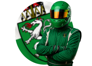 Steirisches Wappen und ein Motorsportler in grünem Anzug