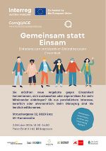 Eventplakat: Menschen verschiedener Altersgruppen und Hintergründe symbolisieren Verbundenheit. Infos zum Dialogtag.