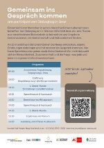 Flyer für eine partizipative Veranstaltung in Graz. Programm mit Zeiten und Themen zur Förderung von Gemeinschaft und Austausch. QR-Code zur Anmeldung.