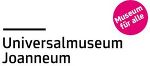 Logo Universalmuseum Joanneum: Schriftzug und abstrakte Linie, daneben pinker Kreis mit Aufschrift