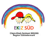 Logo EKIZ Süd in Form des Schriftzuges und einem Regenbogen, darunter gezeichnet ein Mädchen und ein Junge 