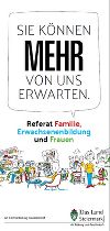 Titelblatt des Folders "Sie können mehr von uns erwarten, Referat Familie, Erwachsenenbildung und Frauen" samt grafischer Darstellung der Gesellschaft