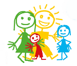 Zeichnung einer Familie mit zwei Erwachsenen, ein Kind steht schon bei ihnen, das zweite wird mit offenen Armen empfangen.