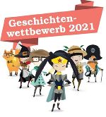 Schriftzug "Geschichtenwettbewerb 2021" mit den Bücherheld*innen