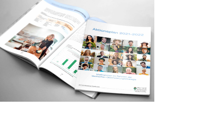 Titelbild sowie inhaltliche Seite des Aktionplans zur Steirischen Gleichstellungsstrategie