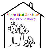 Logo EKIZ Voitsberg in Form des Schriftzuges und einer Zeichnung einer Familie, darüber ein Haus.