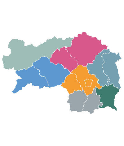 Karte der Steiermark mit den sieben steirischen Großregionen