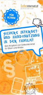 blaue Sprechblase mit Schrift: Sichere Internet- und Handynutzung in der Familie - Safer Internet, orange weißer Hintergrund mit Grafik: Handy, Laptop, Paragrafzeichen