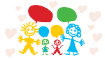 Zeichnung einer Familie mit Sprechblasen und Herzen im Hintergrund Zeichnung einer Familie mit Sprechblasen und Herzen im Hintergrund