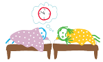 Titelbild zum Elterntreff „Abends immer das gleiche Theater“ – Erste Hilfe bei Schlafproblemen Zeichnung mit zwei Kindern in ihren Betten, die nicht schlafen können.