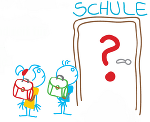Zeichnung von zwei Kindern, diese stehen vor einer Tür mit einem Fragezeichen, darüber die Aufschrift Schule