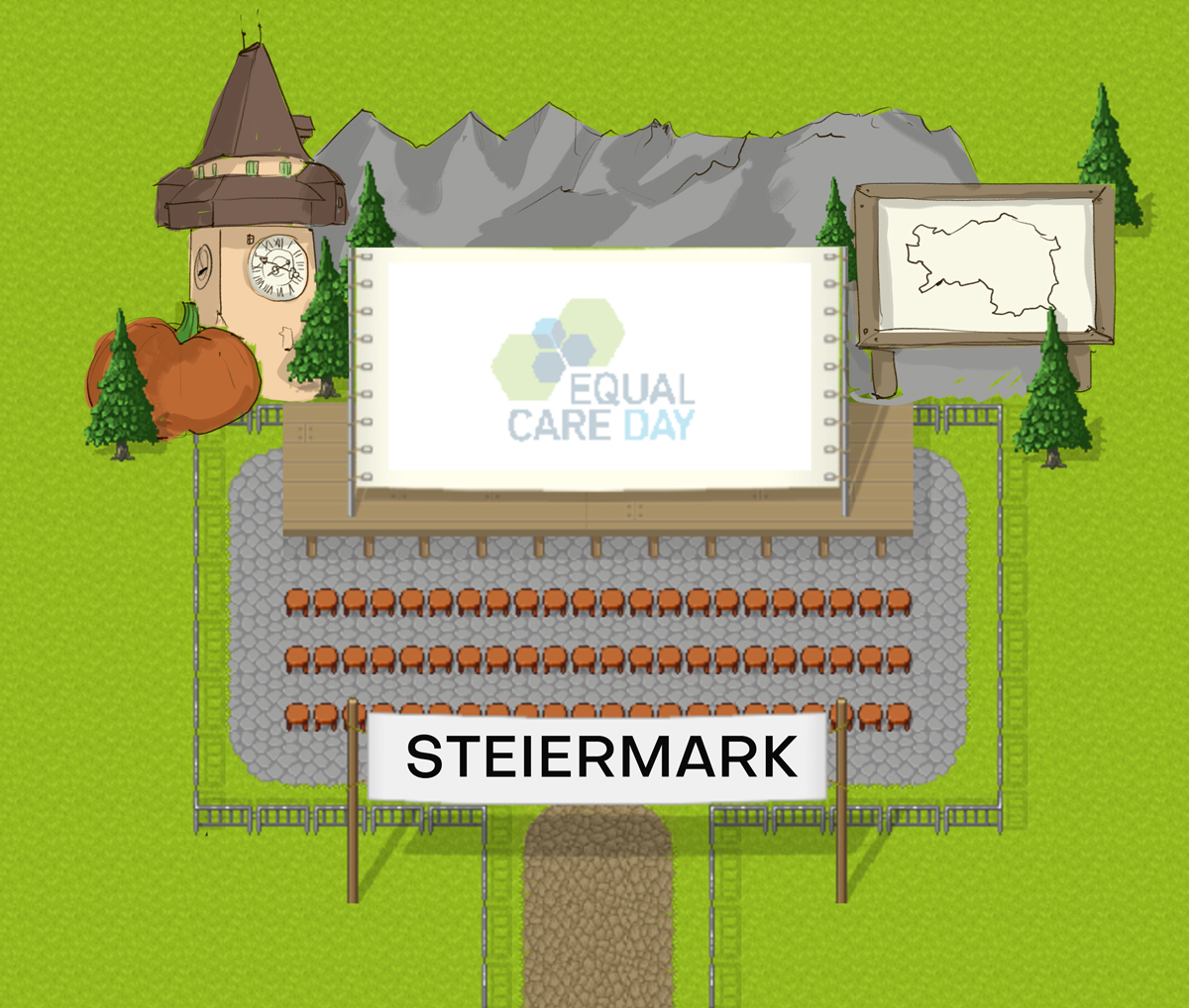 Symbolhafte Darstellung der virtuellen Konferenzbühne in der Steiermark