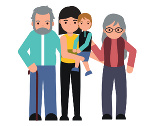 Symbolbild in Form einer Zeichnung von zwei älteren Menschen, in der Mitte eine Mutter mit dem Kind auf dem Arm