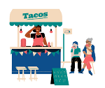 Symbolbild in Form einer Zeichnung von einer älteren Frau, die mit dem Enkelkind neben einem Tacos-Stand sitzt. 