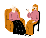 Symbolbild in Form einer Zeichnung von einer jüngeren und älteren Frau, die sich im Gespräch gegenüber sitzen.