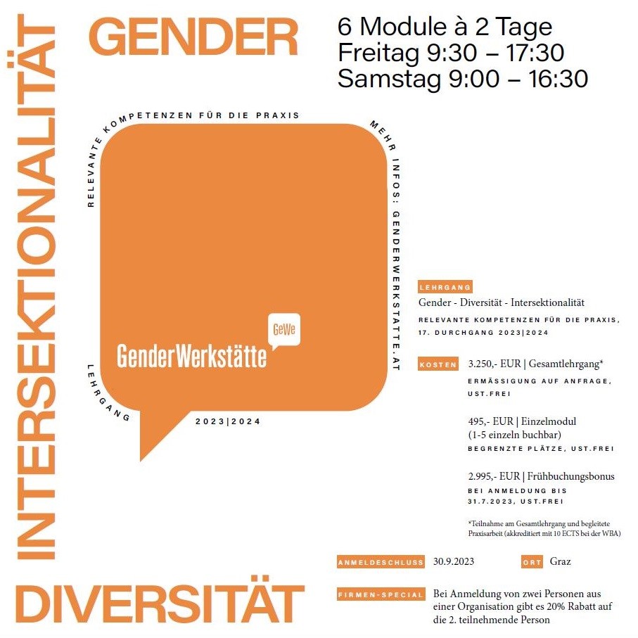 Titelblatt der Einladung zum Lehrgang "Gender - Diversität - Intersektionalität. Relevante Kompetenzen für die Praxis" 2023-2024