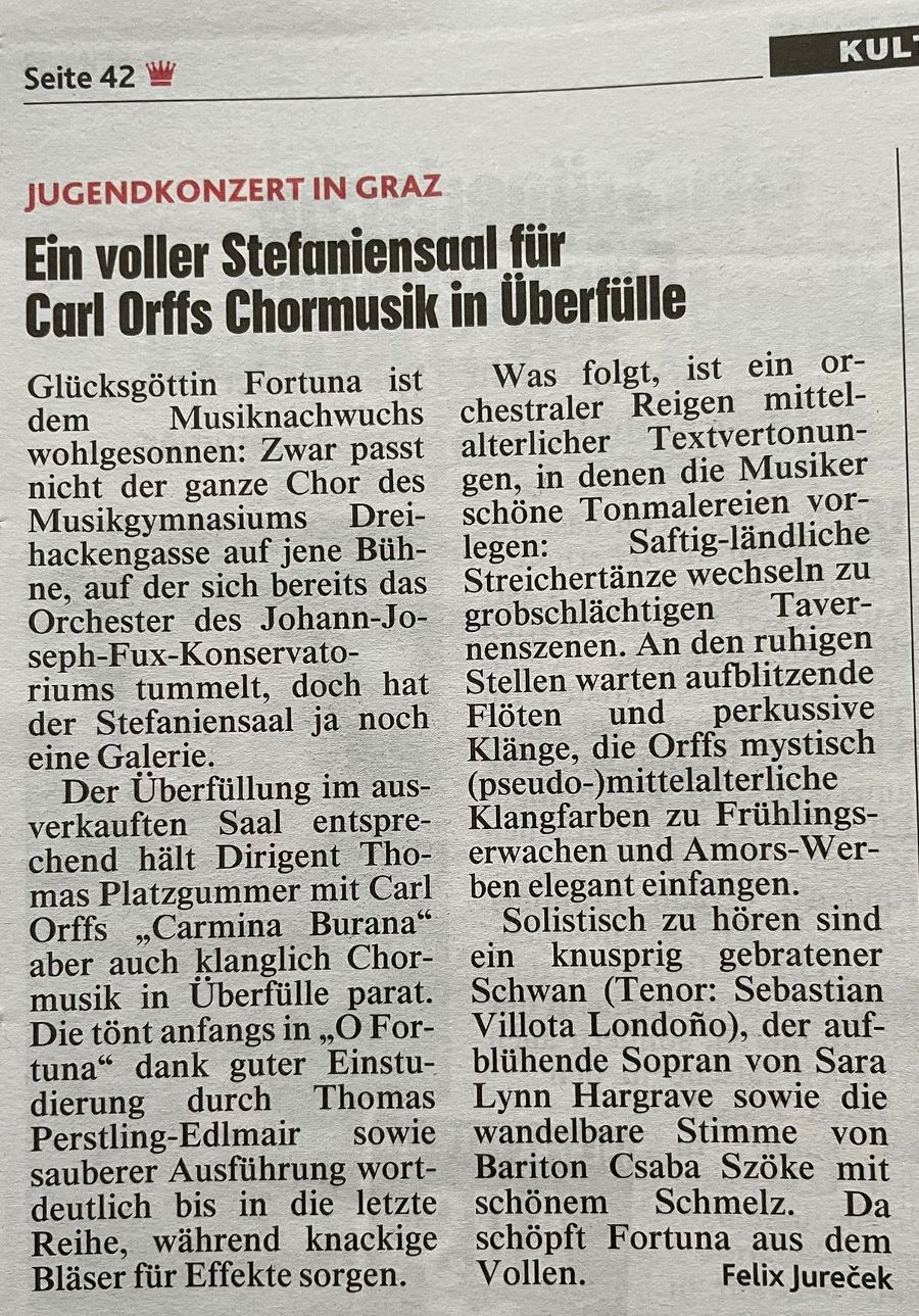 Presseartikel Kronen Zeitung zu "Carmina Burana"