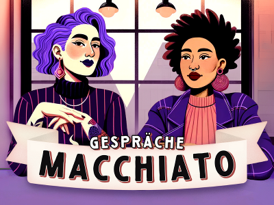 Schriftzug Gespräch Macchiato und Zeichnung von zwei Frauen, die sich im Cafehaus unterhalten. Schriftzug Gespräch Macchiato und Zeichnung von zwei Frauen, die sich im Cafehaus unterhalten.