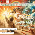 Das Cover des Programms zur Fachtagung 24. Es zeigt ein KI-generiertes Bild: Ein Kind im Sonnenschein einer Fantasielandschaft.