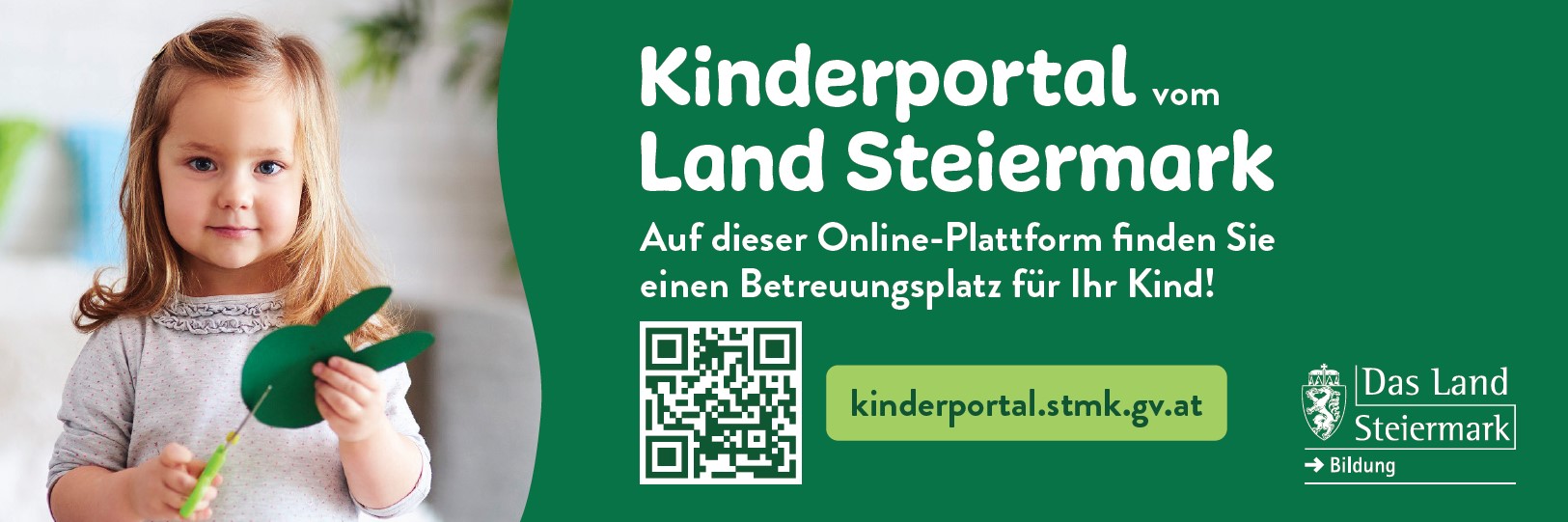 Das Logo des Kinderportals mit einem Porträt eines kleines Mädchens und links mit dem Logo des Landes Stmk und einem Link zum Kinderportal.