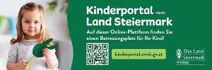 Das Logo des Kinderportals mit einem Porträt eines kleines Mädchens und links mit dem Logo des Landes Stmk und einem Link zum Kinderportal.