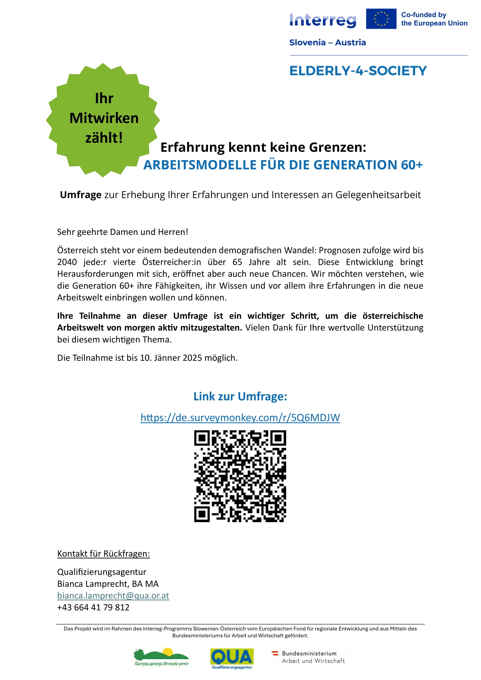 Deckblatt zur Umfrage-Teilnahme. 
 Diese ist bis 10. Jänner 2025 möglich unter https://de.surveymonkey.com/r/5Q6MDJW