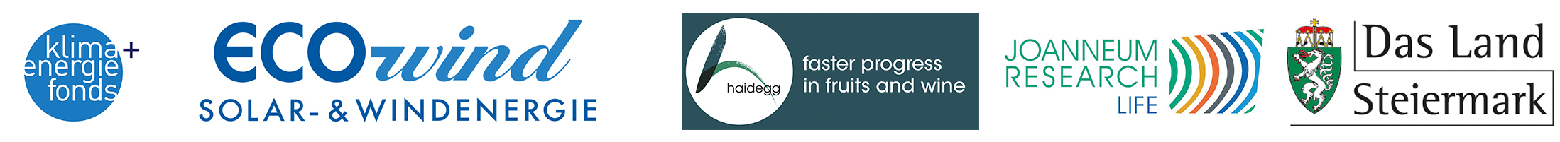 Logos aller Projektpartner der AGRI PV; Klima- und Energiefonds, ecowind, Versuchsstation Obst- und Weinbau Haidegg, Joanneum Research, Das Land Steiermark