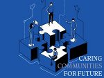 Symbolbild in Form von erhöhten Puzzleteilen, auf denen Menschen stehen mit dem Schriftzug "Caring Communities für Future"