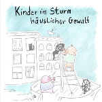 Zeichnung Häuser im Hintergrund, zwei Figuren auf einem Boot, eine Figur hisst eine Piraten Flagge. Schrift: Kinder im Sturm häuslicher Gewalt