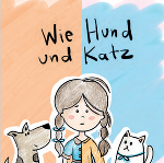 Zeichnung: Mädchen mit Zöpfen auf der einen Seite ein Hund und auf der anderen eine Katze