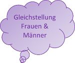 Lila Sprechblase mit lila Schriftzug: Gleichstellung, Frauen & Männer