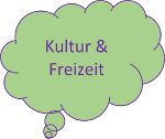 Grüne Sprechblase mit lila Schriftzug: Kultur und Freizeit
